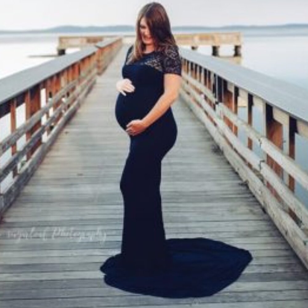 Navy Blue fitted full length maternity dress with train lace top short sleeve